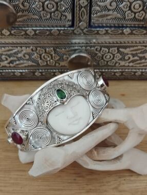 Bali Goddess Bangle Cuff Bracelet with Genuine Gemstones In 925 Sterling Silver